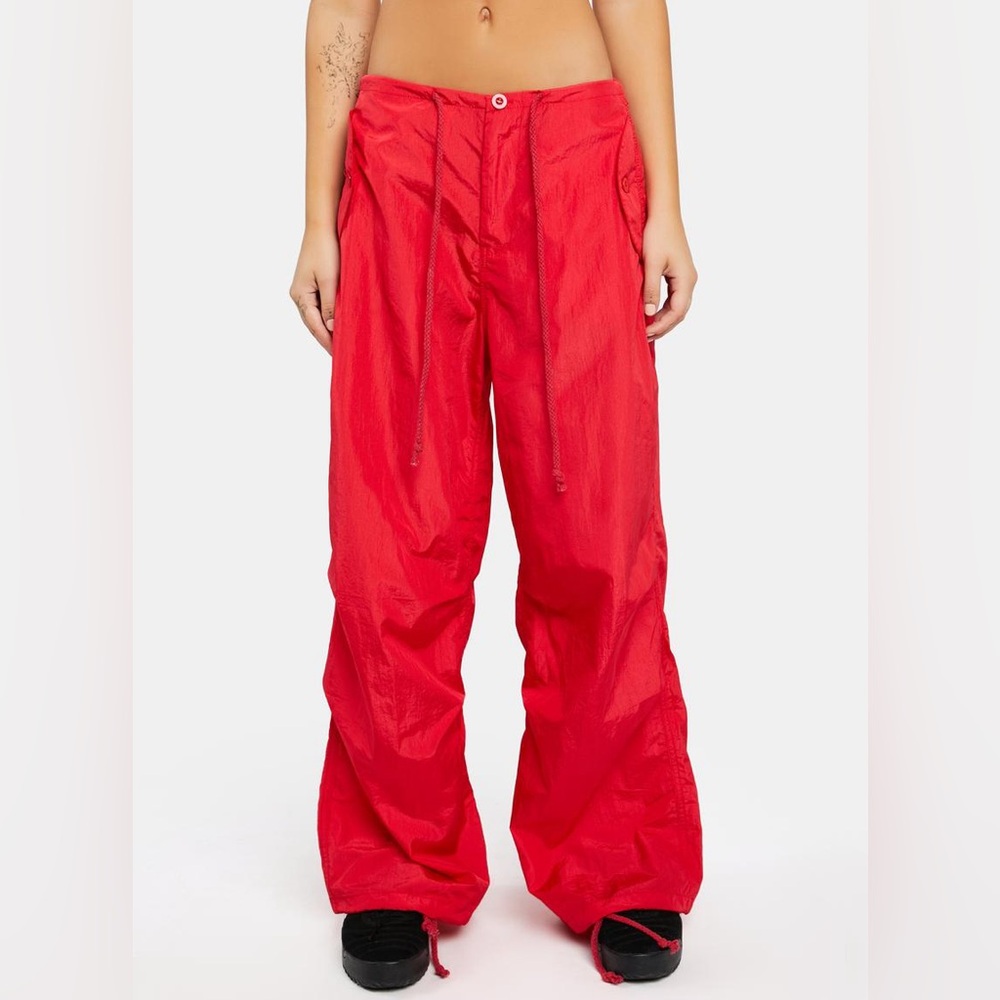 Edikted Red Rian Nylon Cargo Pants Size M/L - Dolls Kill - Picture 2 of 14
